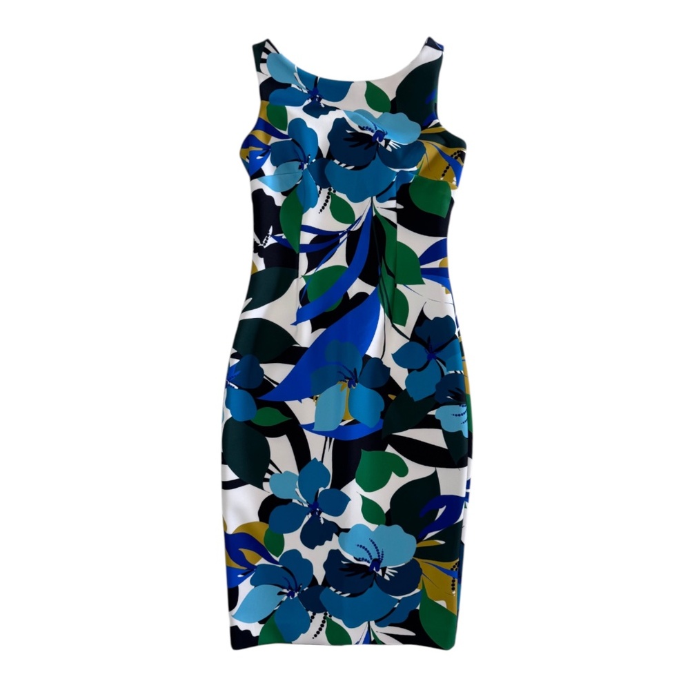 CALVIN KLEIN  - SLEEVELESS MIDI DRESS - FLORAL PRINT - WHITE/BLUE/GREEN - 6P - Picture 2 of 5
